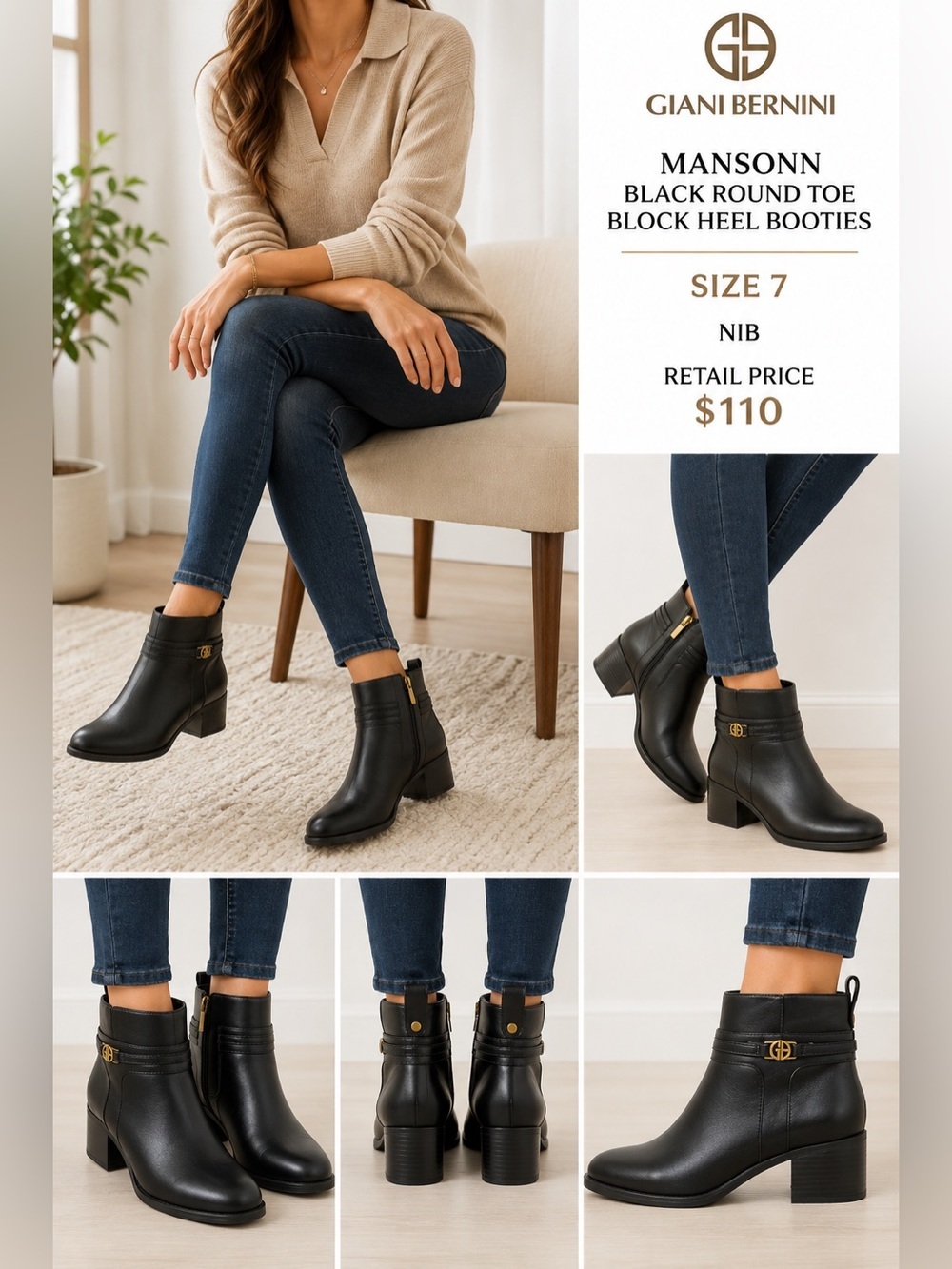 Giani Bernini Mansonn Black Ankle Round Toe Block Heel Booties - Size 7 NIB